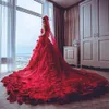 Abito da sposa cattedrale principessa in tulle rosso 2021 fiori fatti a mano cintura con fiocco in raso pieghettato vita impero abiti da sposa da sposa africani