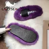 Lazyseal Natural Fur Slipper Shoes Indoor Furry Slippers Wart Home Slides Ladies Flip Flopsフラットソーリング豪華な靴Y200107