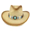 Bruine spray verf effen papier stro cowboy hoeden met etnische hatband decor mannen vrouwen brede rand strand sunhat zonnescherm hoed