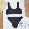 Sexy Schwarz Gerippte Mittlere Taille Bikini Frauen Welle Bademode Weiblichen Badeanzug Zwei-stück Bikini set Badende Badeanzug Schwimmen dame T200708