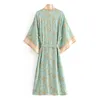 Neue Heiße Verkauf Vintage Boho Blumendruck Lange Kimono Strickjacke Sommer Tops Gürtel Beachwear Vestido Blusas Mujer 201130