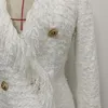 デザイナーの滑走路ドレス女性用長袖メタルライオンボタンフリンジツイードTassel257b