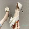 Dress Shoes Pearl button bow women's middle heel pointed Korean side air high heel's thin heels black banquet fashion shoes