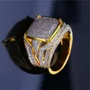Guldpläterade ringar för Mens Hiphop Ring Bling Iced Out Cubic Zircon Smycken Ring