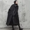 [EAM] à capuche noir rayé fendu Joint Long coton rembourré manteau coupe ample femmes Parkas mode nouveau printemps automne JR501 210204