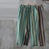 Mode d'été femmes pantalons grande taille lâche décontracté taille élastique rayé sarouel Vintage coton lin cheville longueur pantalon D125 201031