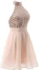 Sexig halter Neck Sparkle Stripe Sequin Bodice Backless A-Line Knee Length Chiffon Cocktail Dress Short Prom Kväll Gown Pub Mini Dress