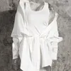 [EAM] Женщины Белый Нерегулярный Узел Сплит Большой Размер Рубашка Платье Новый Отворот С Длинным Рукавом Свободная подходящая Мода Весна Лето 2020 LJ200818