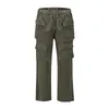 Multi-pockets Straight Flare Pants Mens High Street Elastic Waist Solid Loose Casual Cargo Hip Hop Baggy Trousers