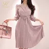 H Han Queen Women's New Notched Neck Pleated Dress Draped Lace Up Bow A-line Dresses OL Elegant Work Wear Business Vestidos T200320