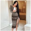 Women Leopard Print Sexy Dress Slash Neck Puff Sleeve Side Split Knee-Length Dress 2021 Fall Slim Fashion Streetwear