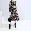 Long Sleeve Woman Autumn Winter Multicolor Midi Shirt Dress Sashes Geometrical Printed Ladies Elegant Party Dress Robe 5610 201126