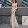 Shinny Gold Sequined V Neck Sleeveless Elegant Evening Dresses Sexy Robe De Soiree Formal Dress Luxury Mesh Club Party Vestidos LJ201124