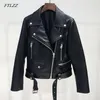 Novo outono feminino jaqueta de couro do plutônio mulher com zíper cinto curto casaco feminino preto punk bomber couro falso outwear310o