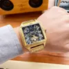 Мужские часы Полые полностью автоматические механические часы Дизайн Сапфировая двойная складная застежка Ремешок из нержавеющей стали Водонепроницаемый 40 мм Золотые часы
