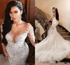 2022 Lujosos vestidos de novia árabes de sirena Dubai Cristales brillantes Mangas largas Vestidos de novia Tren de la corte Falda de tul túnicas de ma306o