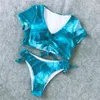 Seksowne krótkie rękawowe krawat bar barbnik bikini string upraw 2019 bandaż stroju kąpielowa kobiety stroje kąpielowe plaż