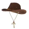 Gemvie Cowboy Hat Hat Hats Summer for Men Paper Straw Straw Woven Wide Brim Hollow Out Straw Hat Wind Lanyard Usisex Beach Sun Hat Y200602