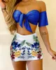 Fashion Women Two-Piece Set BeachWear Knotted Off Shoulder Cropped Top & Tropical Print Mini Bodycon Skirt 220221