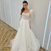 Square Neck Long Sleeves Wedding Dress Bridal Gowns Sequined Sweep Train Lace-up Back Bride Dresses Plus Size