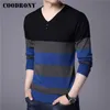 COODRONY Marca Suéter Hombres Casual Botón a rayas con cuello en V Pull Homme Otoño Invierno Algodón Jersey Hombres Jersey Prendas de punto Camisa LJ200916