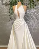 Elegant vit satin prom klänningar med avtagbart tåg pärlor peats sjöjungfru kväll klänning plus storlek fest bär skeanpassade