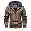 Chaqueta de cuero para hombre Nueva motocicleta Bomber Chaquetas Hombres Invierno Cálido PU Abrigo de cuero con capucha extraíble Chaquetas de abrigo Hombres 201120