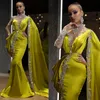 Luxury Crystal Mermaid Formal Evening Dresses With Cloak One Full Sleeves High Collar Beaded Long Prom Gowns vestidos de noiva