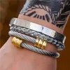 3pcs/Set Roman Numeral Mens Bracelets Stainless Steel Jewelry Hemp Rope Buckle Open Bangles Gold Pulseira Bileklik Bracelet Hip Hop Jewelry