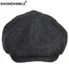 Showersmile Brand Wool Newsboy Caps Men grå Herringbone Flat Caps Women Coffee British Gatsby Cap Autumn Winter Woolen Hats256j