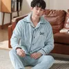 2020 Dikke Dikke Warm Blue Flanel Pyjama Sets voor mannen Lange mouw Coral Velvet Sleepwear Suit Loungewear Huiskleding Huiskleding LJ201112