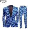 PYJTRL Brand New Mens Vintage Blue Floral Print Slim Fit Trajes con pantalones Tallas grandes 5XL Veste Homme Mariage Novio Traje de boda 201105