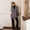 [EAM] Women Purple Plaid Pu Leather Big Size Blazer New Lapel Long Sleeve Loose Fit Jacket Fashion Spring Autumn 1Z131 201201