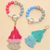 Girls Jewelry Wooden Beaded Bracelet Keyring Party Silicone Beads Keychain Handbag Pendant for Women Monogrammed Engrave With Tassels Wooded Chip