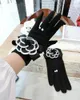 Five Fingers Gloves Black Camellia Cashmere And Korean Fashion Houndstooth Mink Hair Cute Flowers Warm Touch Screen Women6972206