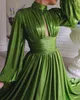 Real Picture Olive Green Prom Klänningar Hög krage Långärmad Front Split Aftonklänningar Flower Sleeve Red Carpet Runway Mode Billiga Klänning