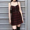 Chicas góticas Red Plaid Plisado Emo Alt Vestido Y2K Zip Up Robe Femme Punk Black Spaghetti Strap Mini Short Jurken Goth Streetwear 220121