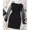 Black Mid-cintura elegante con cuello en v mini vestido de color sólido fiesta anual fiesta de noche mujer 220210