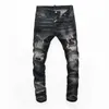 Toppar män rippade målade mörkblå jeans mode designer smal passform låg midja biker denim pants hip hop byxor nj7912