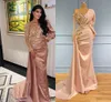 Rose Pink Stain Mermaid Arabic Aftonklänningar Långärmad V-Neck Beaded Floral Dubai Party Prom Gowns Robe Sirene Rose