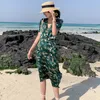 Summer Women Floral Print Green Satin Dress Slim Elegant Boho Vacation Tropical Midi Beach Dress Vintage Korean Runway Dresses T200416