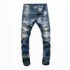 Toppar män rippade målade mörkblå jeans mode designer smal passform låg midja biker denim pants hip hop byxor nj7912