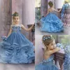 2020 Симпатичные девушки цветка платья для венчания Спагетти Lace Цветочные аппликациями Многоуровневое Юбки Девочки Pageant платье Line Kids День рождения платья