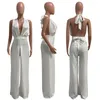 Neue Sommer Backless Overalls Frauen Schöne Breite Bein Hosen Ärmellose Solide Strampler V-ausschnitt Overalls Nachtclub Tragen Groß 6965