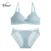 Afvalhart Damesmode Paars Blauw Sexy Lingerie Draadloze Bra Sets Kant Cut Out Cotton Slipje Slips Dames Ondergoed Mooie Y200708