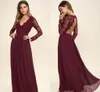 Chic Bordo Dantel Gelinlik Modelleri 2021 V Boyun Uzun Kollu Backless Hizmetçi Onur Abiye Chiffon Bir Çizgi Düğün Misafir Balo Elbise AL8546