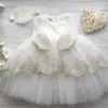 Cute Christening Dresses For Baby Girls With Headband Lace Appliqued Pearls Jewel Neck Long Baptism Dress Tulle First Communication Gowns