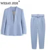 Wesay Jesi Dames Office Pak Fashion Blazer Pantsuit Simple Solid Color Collar Lange Mouw + Broek 2 Stuk Set 220315