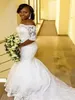 Arabic African Mermaid Wedding Dresses Plus Size Court Train See Through Back Off-the-shoulder Half Sleeve Lace Bridal Gowns 2022 New