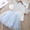 Summer Clothes Fashion Girls Outfits Pearl Swan Embroidery Off The Shoulder T Shirt&mesh Skirt Cute Little Girls Clothing Set G220310